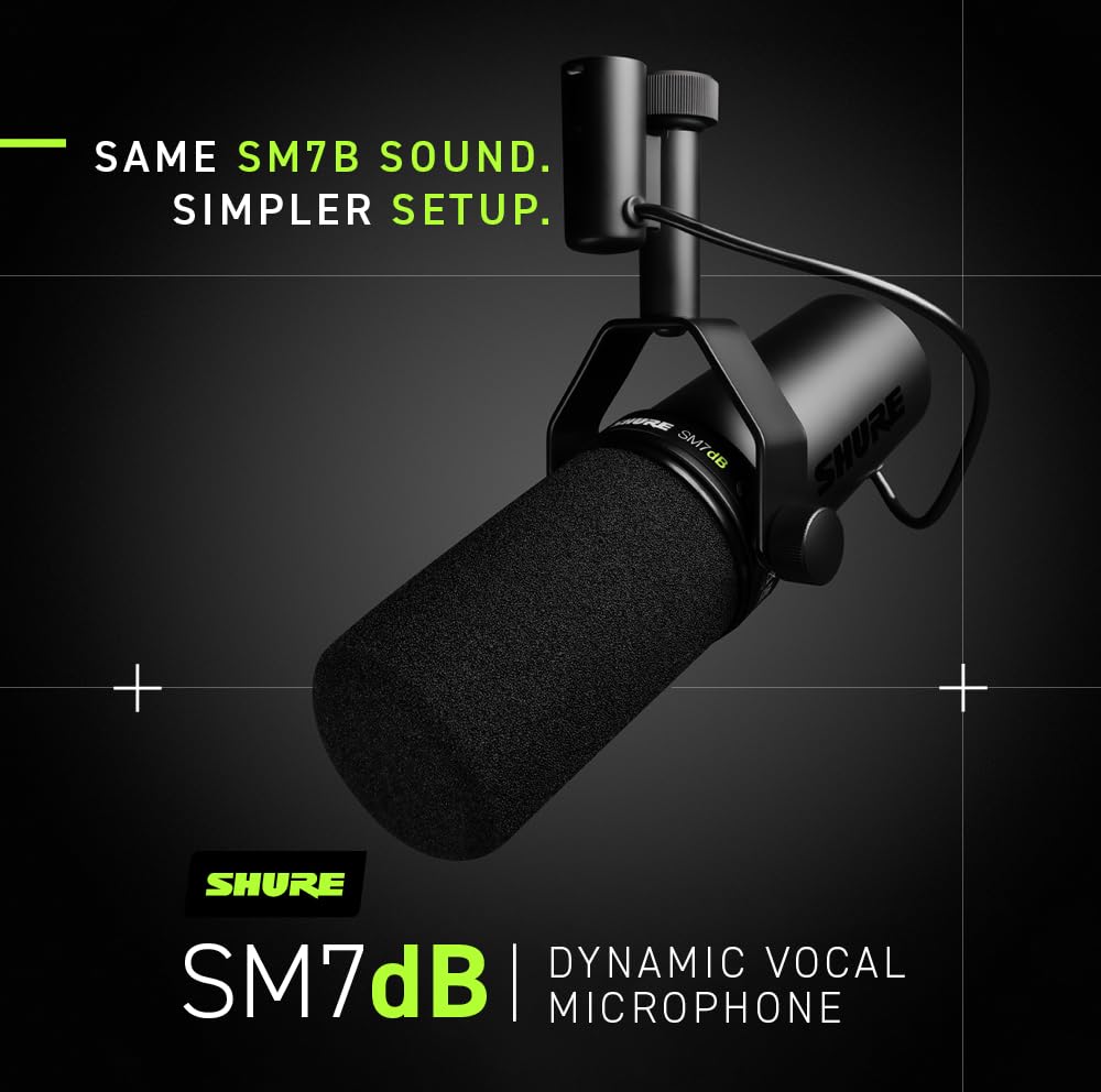 Shure Sm7Db Dynamic Vocal Microphone W/Built In Preamp For Streaming, Podcast, & Recording, Wide Range Frequency, Warm & Smooth
