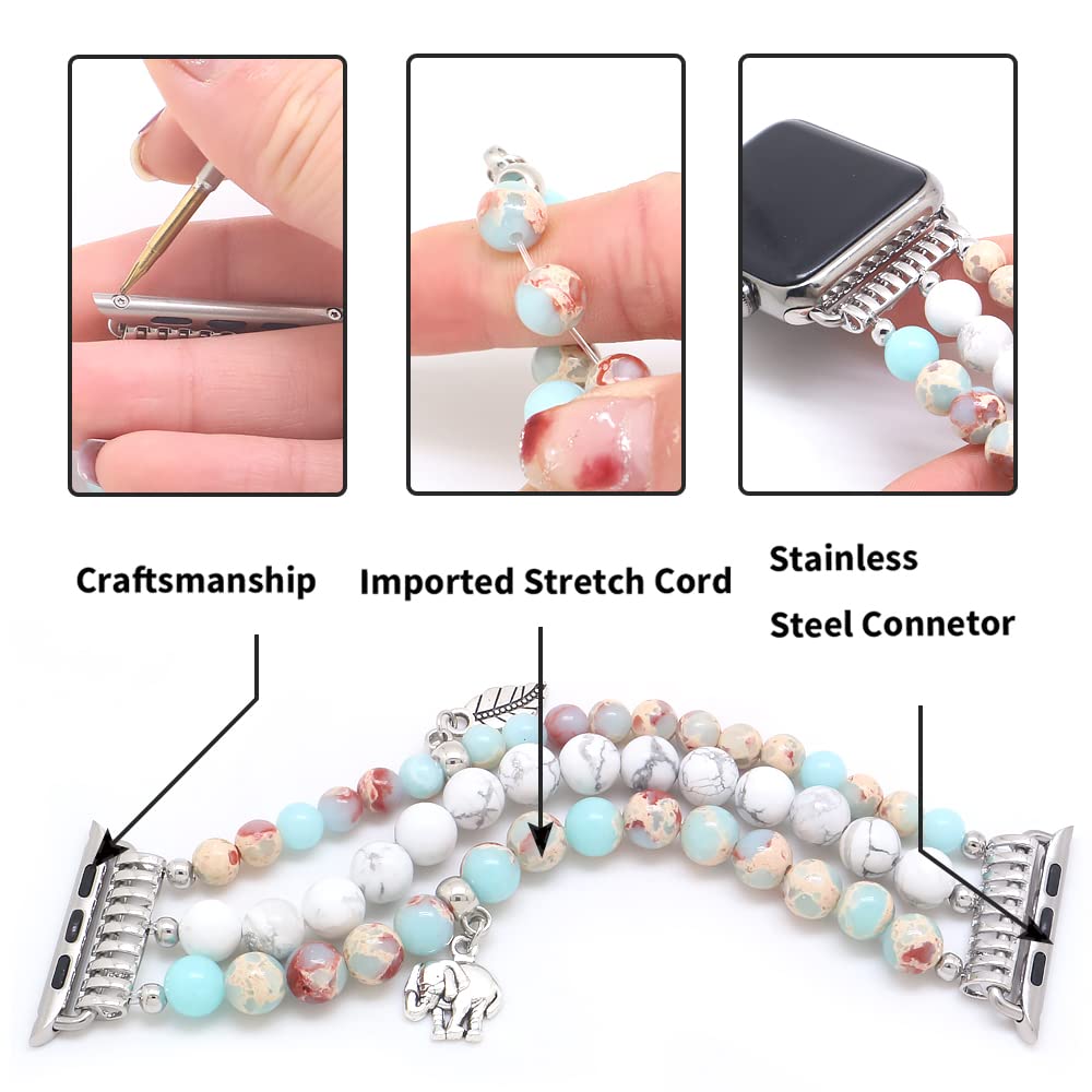 Kai Top Beaded Bracelet Compatible With Watch Band 42Mm/44Mm/45Mm/49Mm For Women, Turquoise & Pink Zebra Jasper Beaded Elastic B