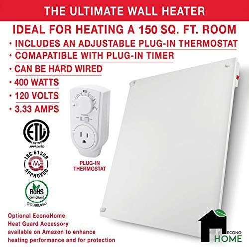 Econohome Wall Mount Space Heater Panel   With Thermostat   400 Watt Convection Heater   Ideal For 120 Sq Ft Room   120V Electri