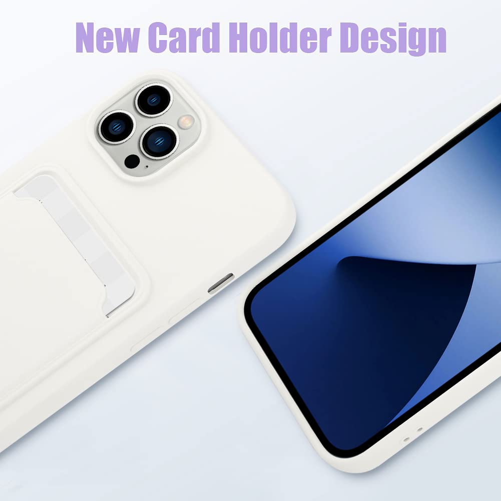 Mzelq Silicone Wallet Case For Iphone 14 Pro Max, Card Holder, Camera Protection, Screen Protector, White