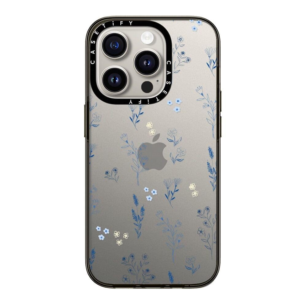 Casetify Compact Case For Iphone 15 Pro [2X Military Grade Drop Tested / 4Ft Drop Protection]   Small Blue Flowers   Clear Black