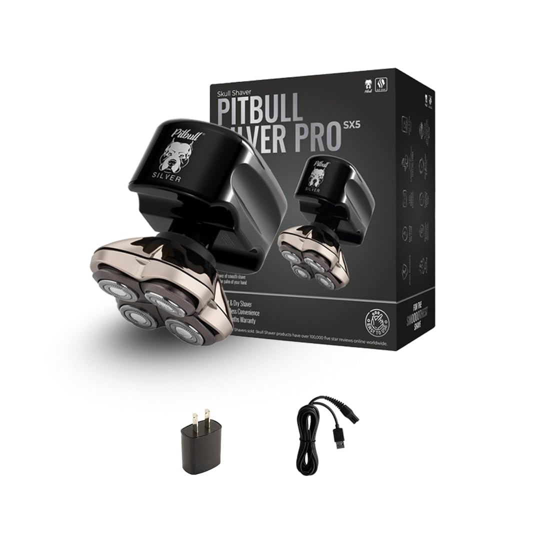 Skull Shaver Pitbull Silver PRO SX5 Head & Face Shaver - Compact Size, No Travel Pouch, Model PBSX5-UK