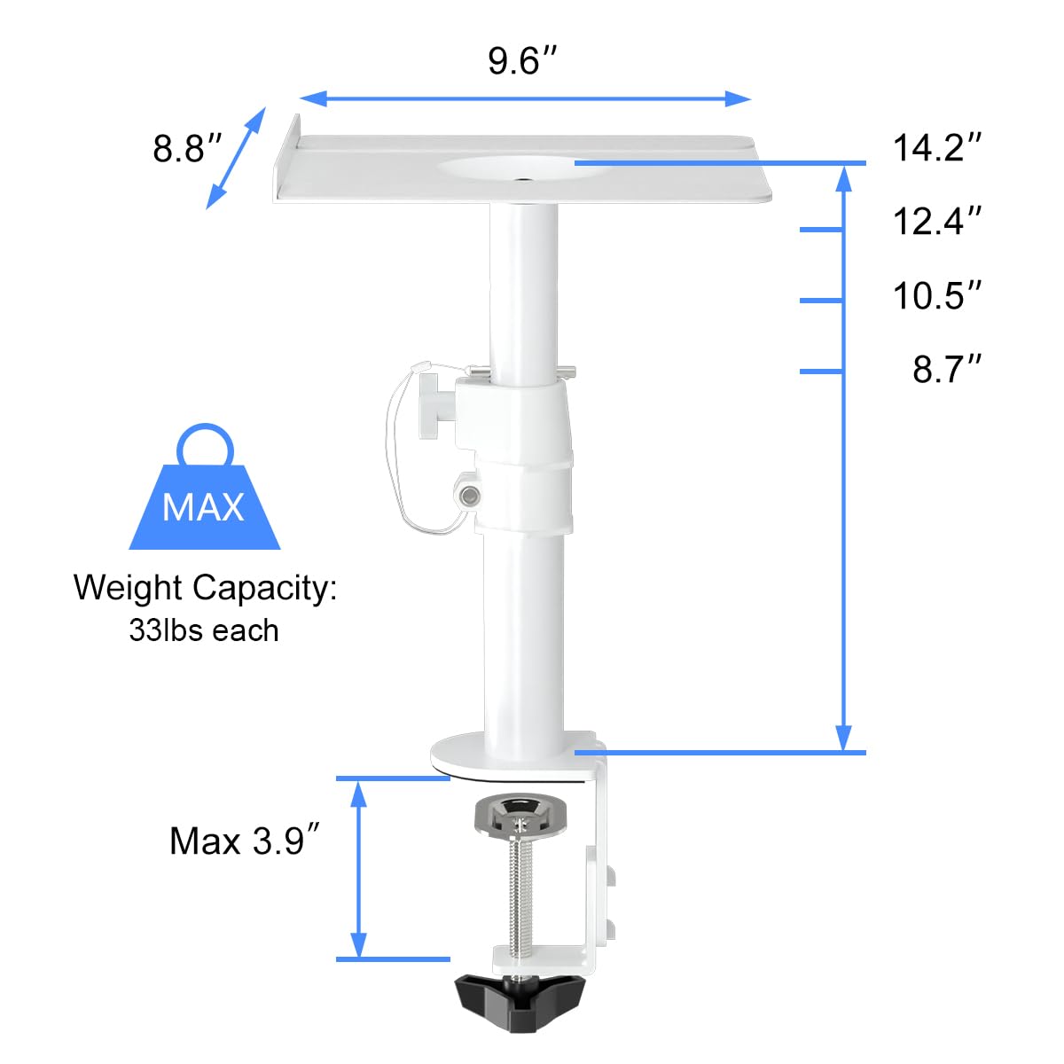 Suptek Clamp On Speaker Stand Desk Mount Set, Height Adjustment, Tilt, Swivel, 9.6 X 8.8 Inch Trays, Universal Audio Holders For
