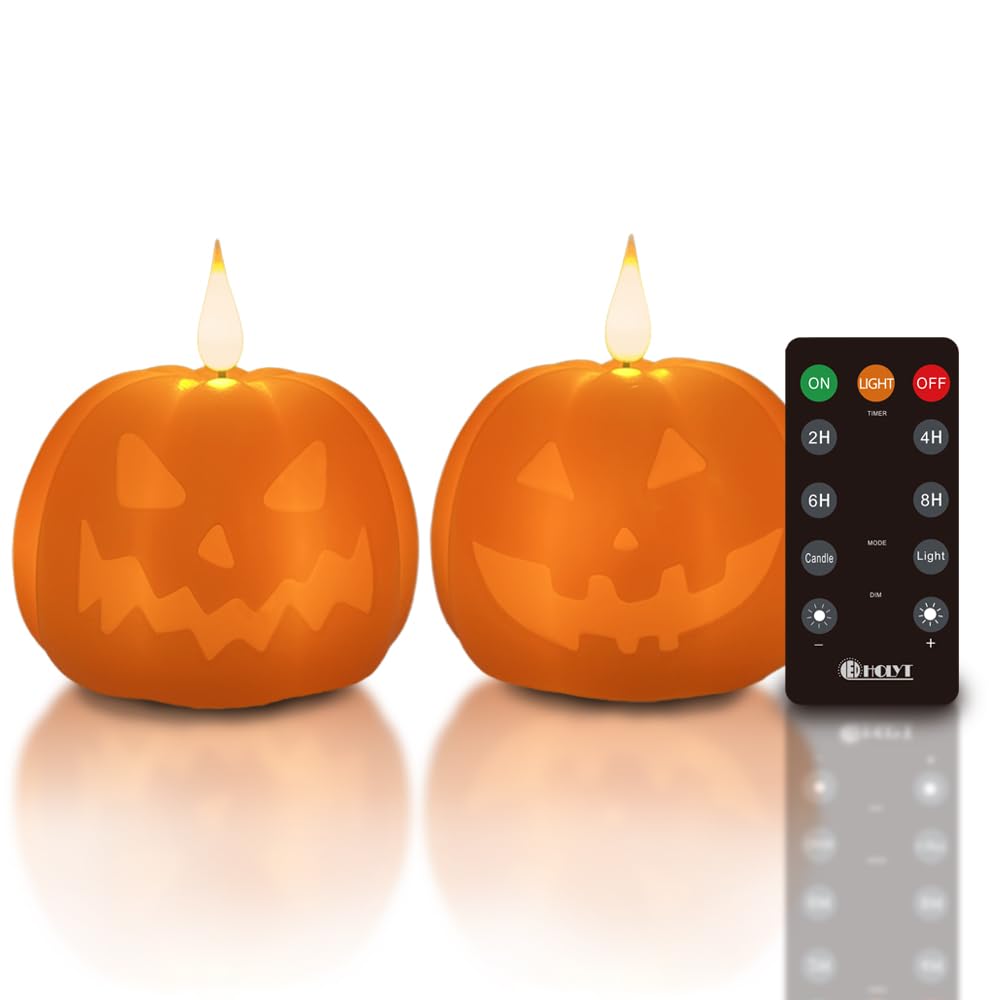 LEDHOLYT Rechargeable Halloween Decorations Flameless Candle, Flameless Pumpkin Candle with Timer & Remote,LED Real Wax Pumpkin 