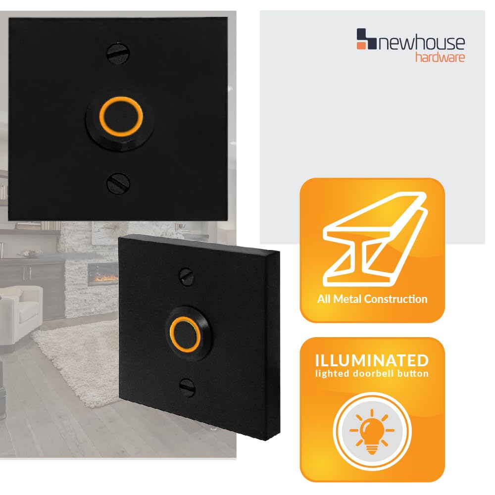 Newhouse Hardware Square Lighted Wired Metal Doorbell Button In Black Bt6Sl, For Doorbell Chime, Buzzer, Or Ringer, Door Bell Bu