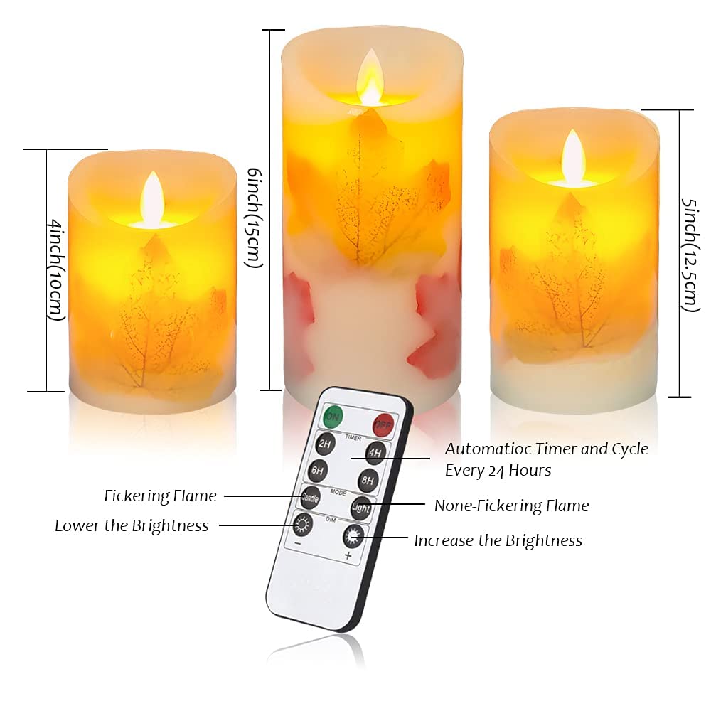 Mivitoom Maple Leaf Flameless Candles Flickering Battery Operated Decorative Candles Set Pack Of 3(D: 3 X H: 4 5 6) Led Candles