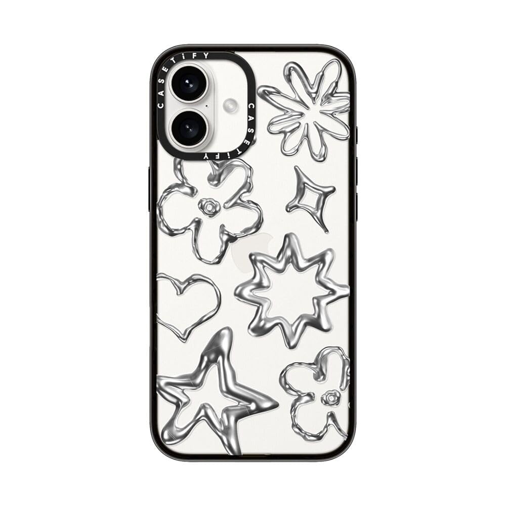 Casetify Compact Case For Iphone 16 Plus [Lightweight / 4 Ft. 2X Military Grade Drop Protection/Slim]   Chrome Doodles   Clear B