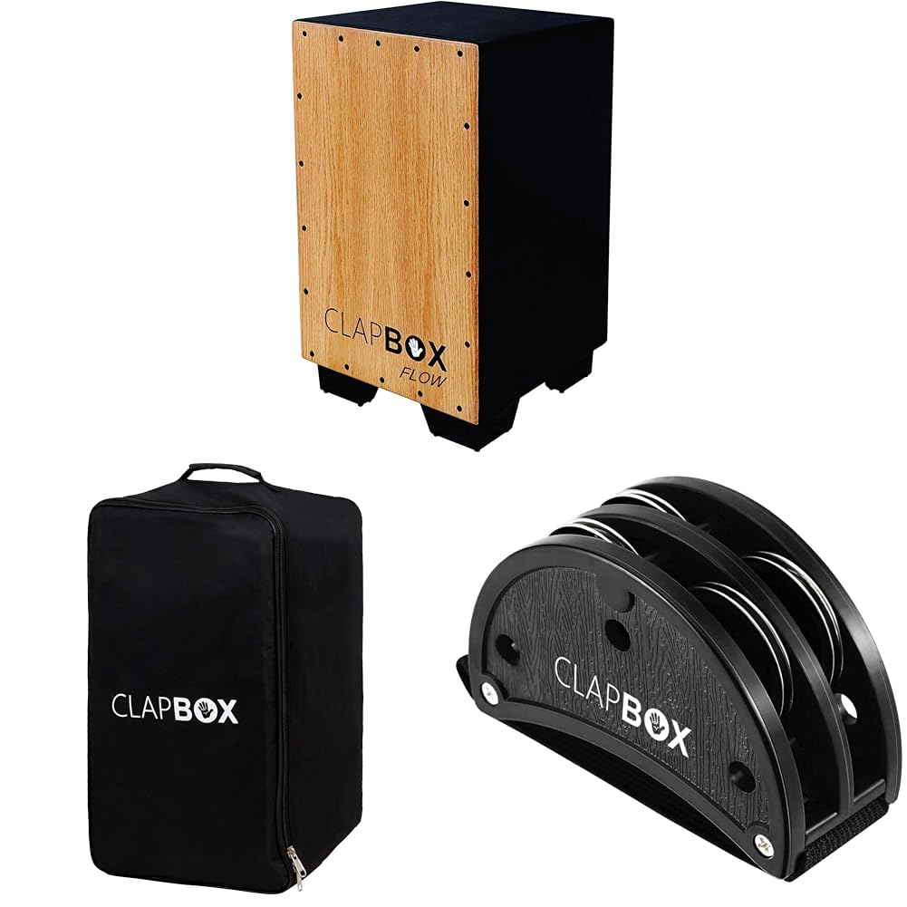Clapbox Cajon CB02 Flow in Black with Oak Wood, includes Cajon Bag & Foot Tambourine.