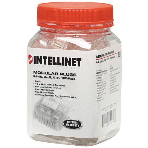 Intellinet Cat6 Rj45 Connector Ends Set Modular Plugs 100 Pcs   Stranded Wire Two Prong Terminals & Gold Plated Contacts   Utp E