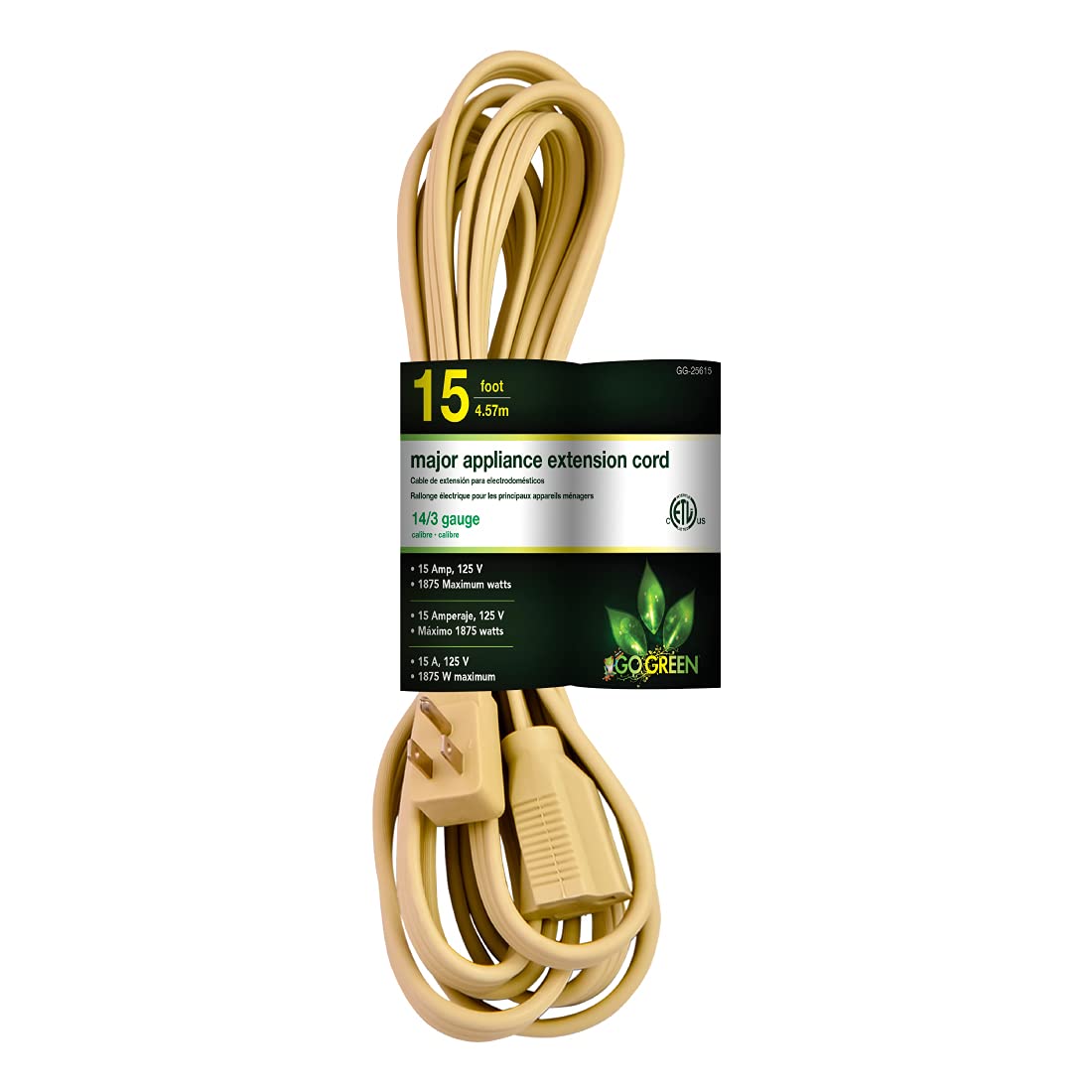 Go Green Power Inc. 15Ft Appliance Cord, Beige   14/3 Spt, Heavy Duty, Grounded Plug, Kink Free, 3 Prong Right Angle Plug Protects Against Accidental Disconnection, Ideal For Large Indoor Appliances