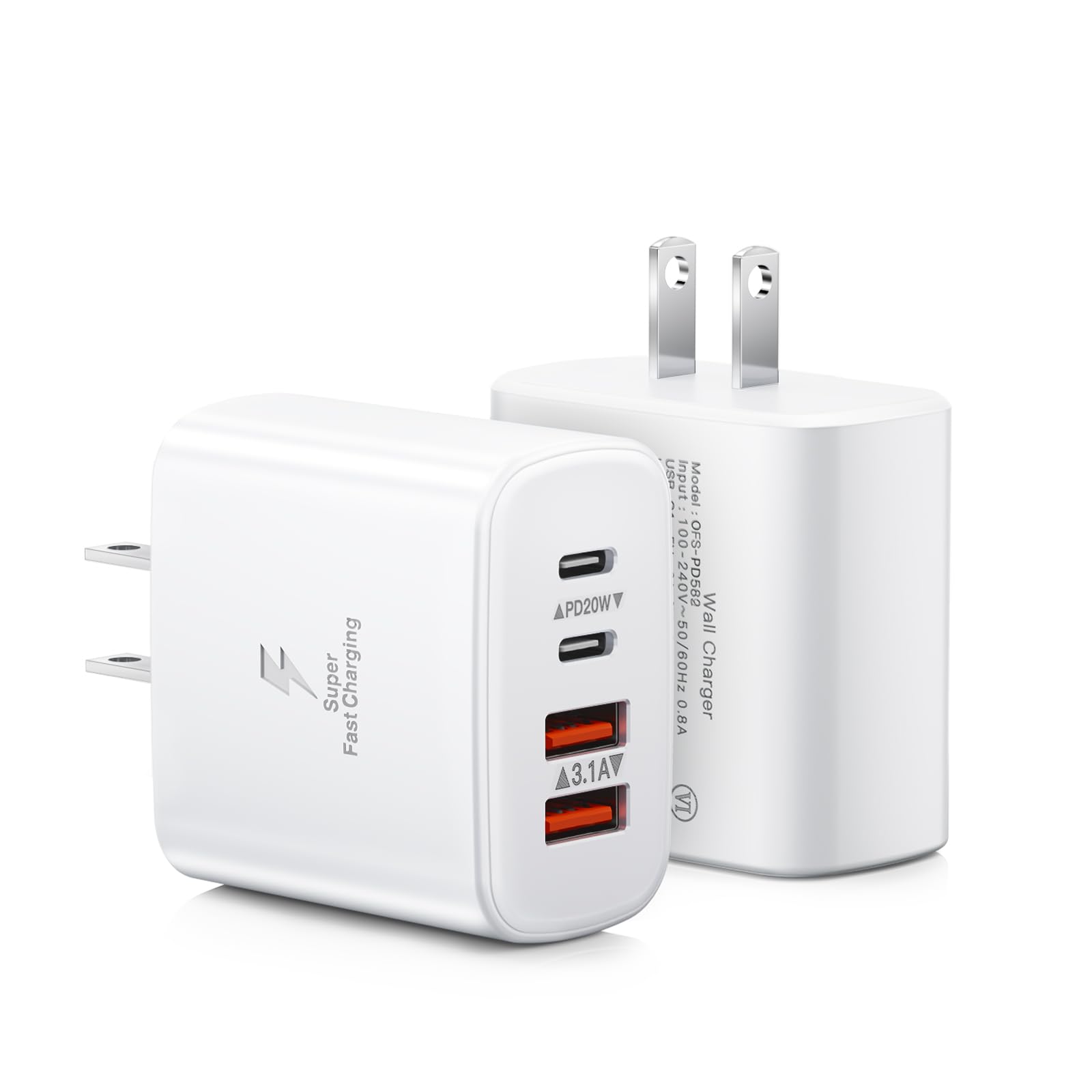 Usb C Charger Block, 2 Pack 40W 4 Port Usb C Wall Charger Fast Charging Dual Port Pd Power Adapter+Qc Double Wall Plug Multiport
