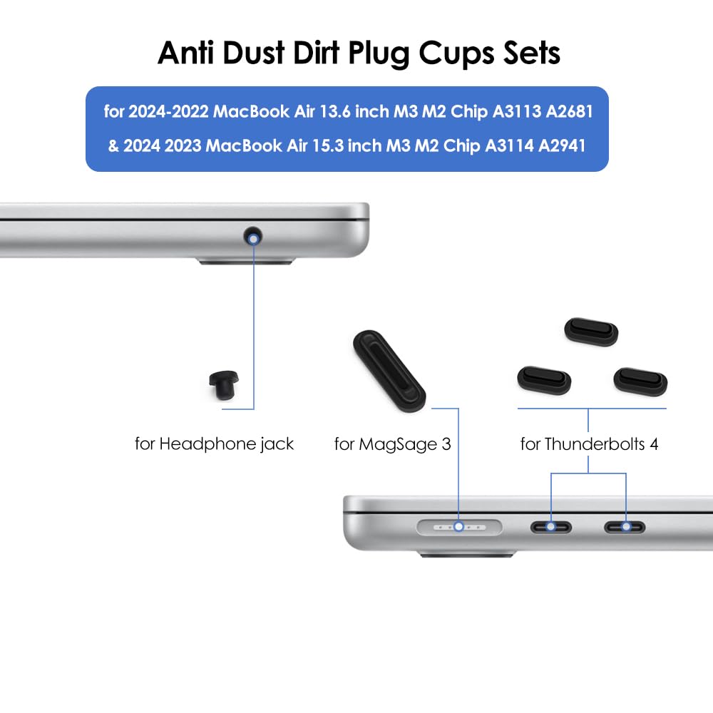 Proelife 7 Pcs Anti Dust Dirt Plug Cups Set For 2024 2023 2022 Macbook Air 13.6 Inch 15 Inch M3 M2 Chip (A3113/A3114/A2941/A2681