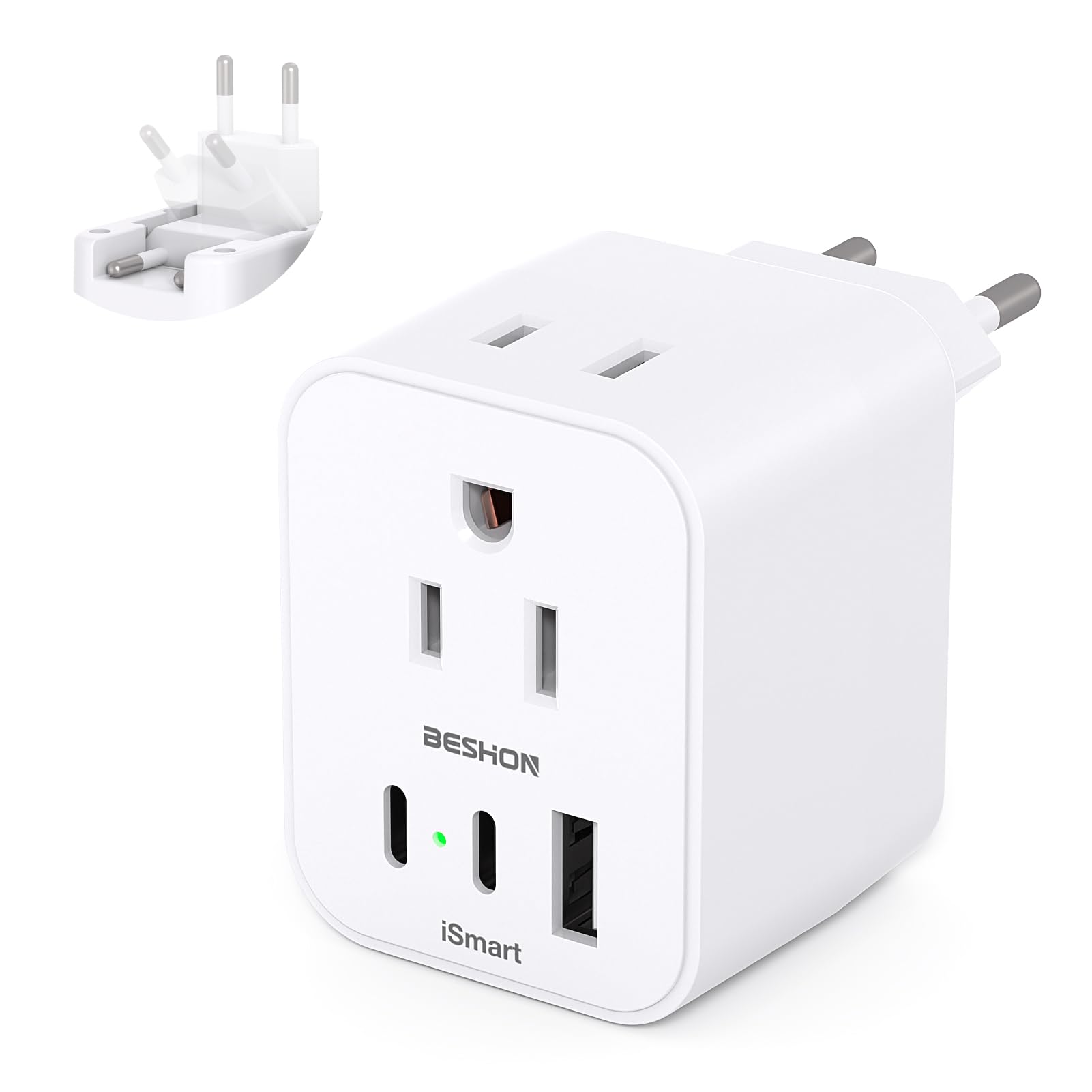 European Travel Plug Adapter, Foldable International Travel Adapter With 2 Ac Outlets 3 Usb Ports(2 Usb C), Type C Plug Adapter