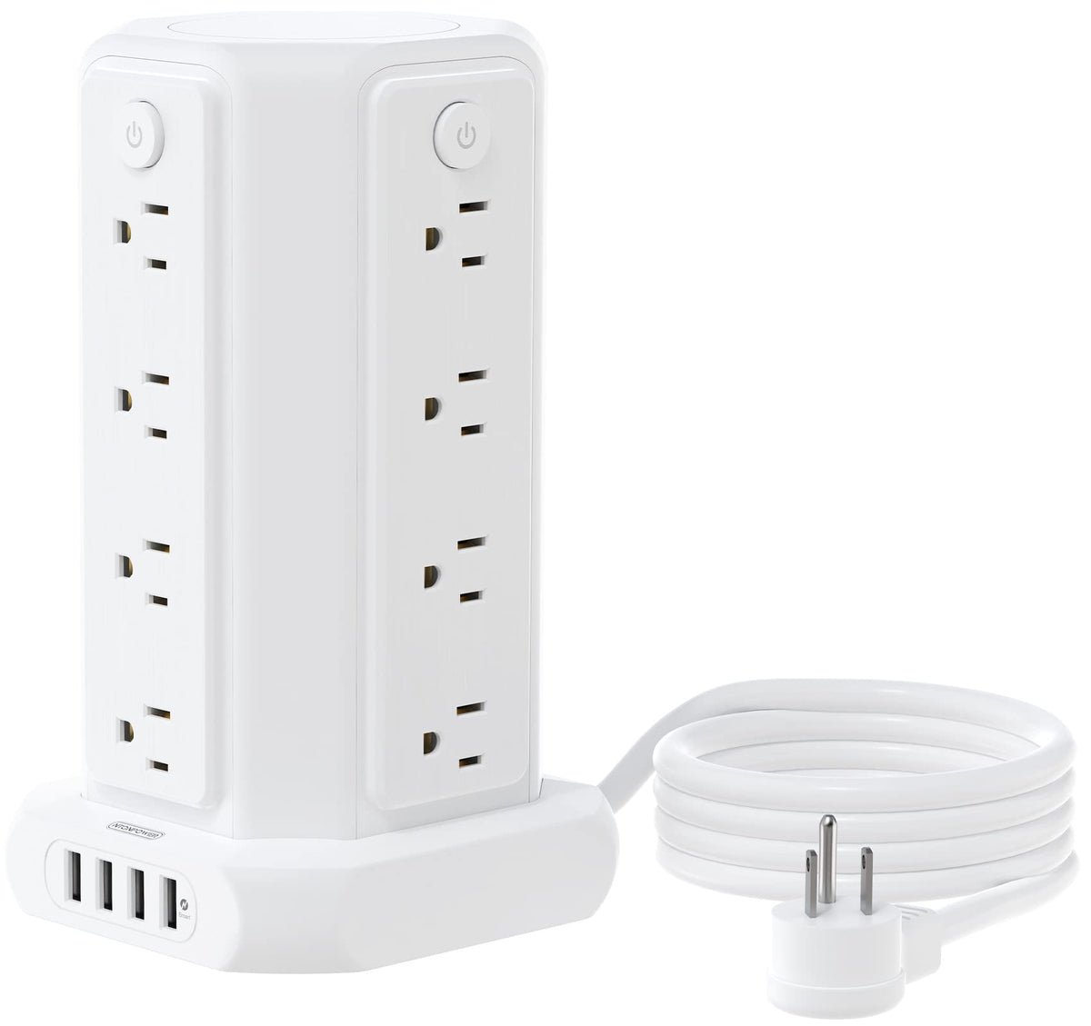 10Ft Extension Cord Power Strip Tower, 16 Widely Outlets 1875W 15A, Flat Plug Surge Protector With 4 Usb Ports, Individual Switc