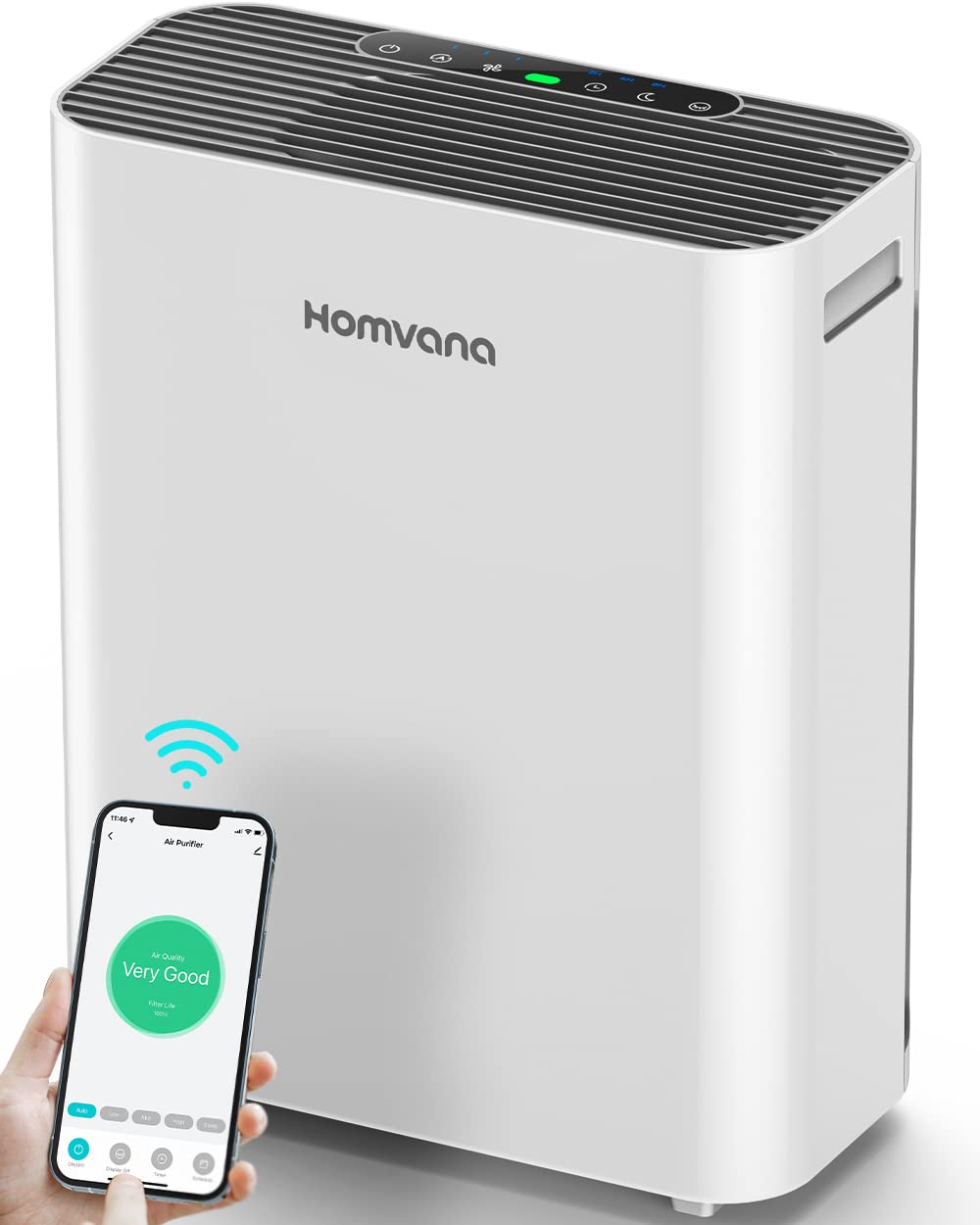 Homvana Smart Air Purifiers For Home Larger Room Bedroom Up To 1250 Sq Ft, H13 True Hepa Washable Filter With Air Quality Indica