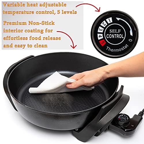 Moss & Stone Round Nonstick Electric Skillet With Lid, Aluminum 12 Inch Electric Frying Pan, 2 Layers Of Non Stick Coating, Adju