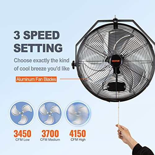 Vevor 18 Inch Wall Mount Fan, 3 Speed Ip44 Waterproof Industrial Wall Fan, Max. 4150 Cfm Wall Mounted Fan For Outdoor, Commercia