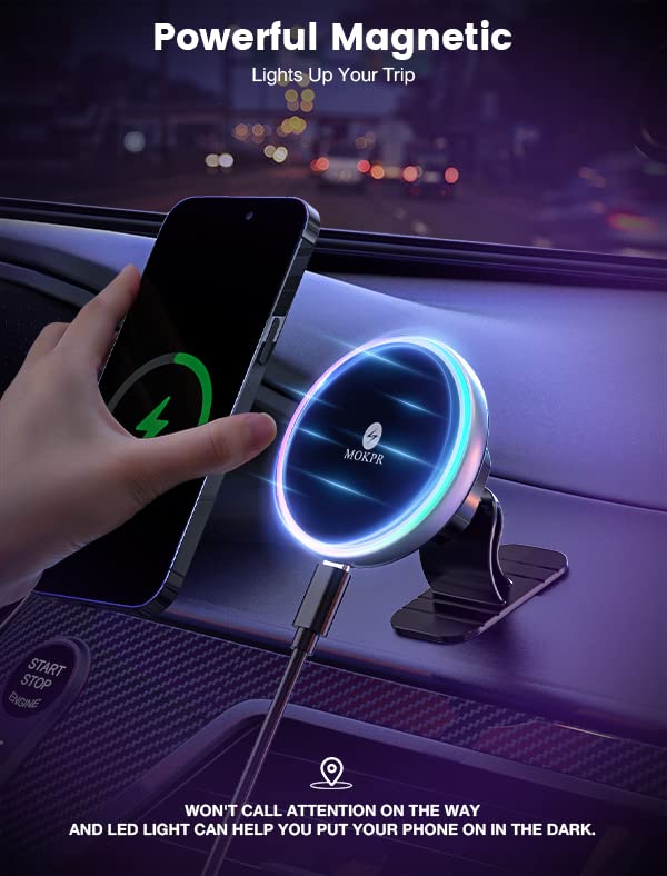 Mokpr For Magsafe Car Mount Charger-Wireless Car Charger-Magnetic Car Phone Holder For Dash Air Vent-Led Rgb Handsfree Car Mount
