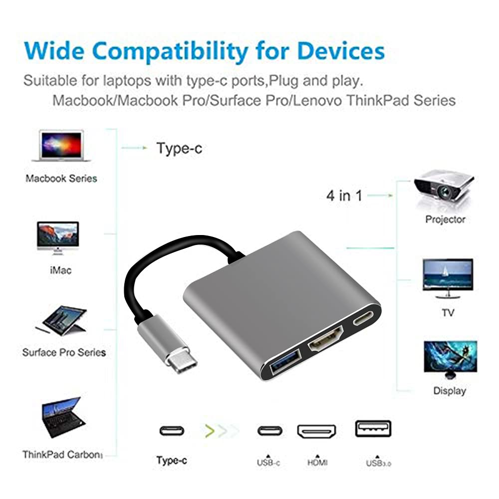 Qidoou Usb C To Hdmi Adapter, Usb Type C Adapter Multiport Av Converter With 4K Hdmi Output, Usb 3.0 Port Usb C Charging Port Co