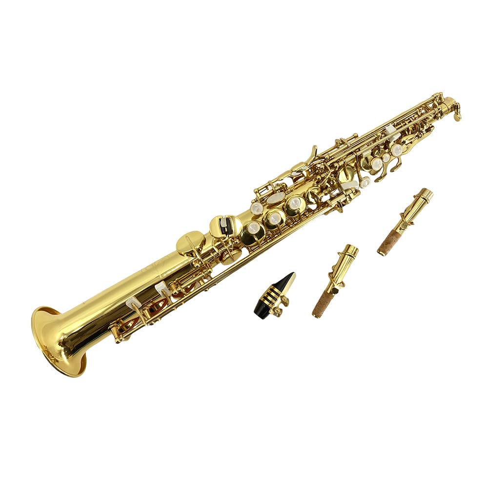 Wuqimusc Bb Straight Soprano Saxophone-Gold Lacquer Finish, Ergonomic Design With Case, Mouthpiece, Neck Strap & Accessories, Id