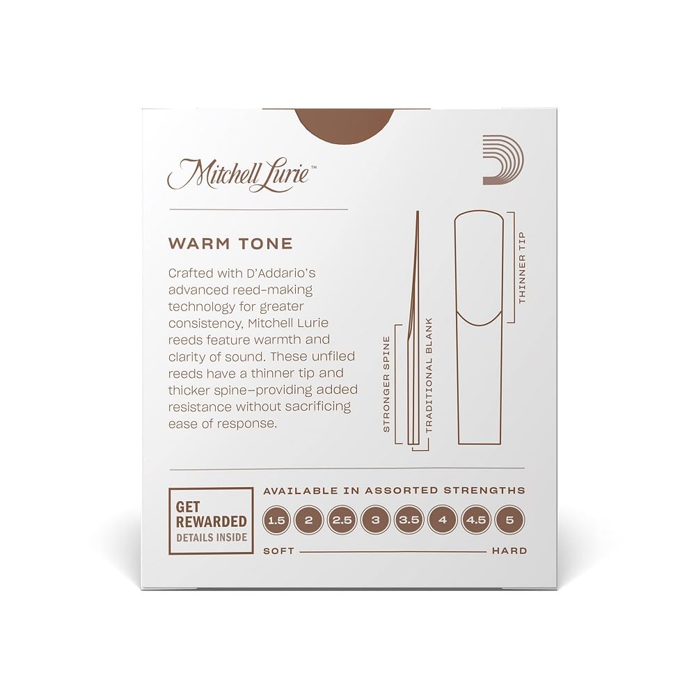 Daddario Woodwinds Mitchell Lurie Bb Clarinet Reeds, Strength 2.5, 10-Pack - Rml10Bcl250