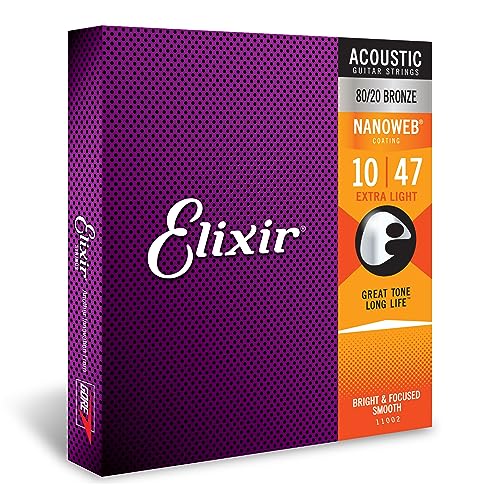 Elixir Strings   Acoustic 8020 Bronze With Nanoweb Coating   Elixir Acoustic Guitar Strings   Extra Light (010 047)