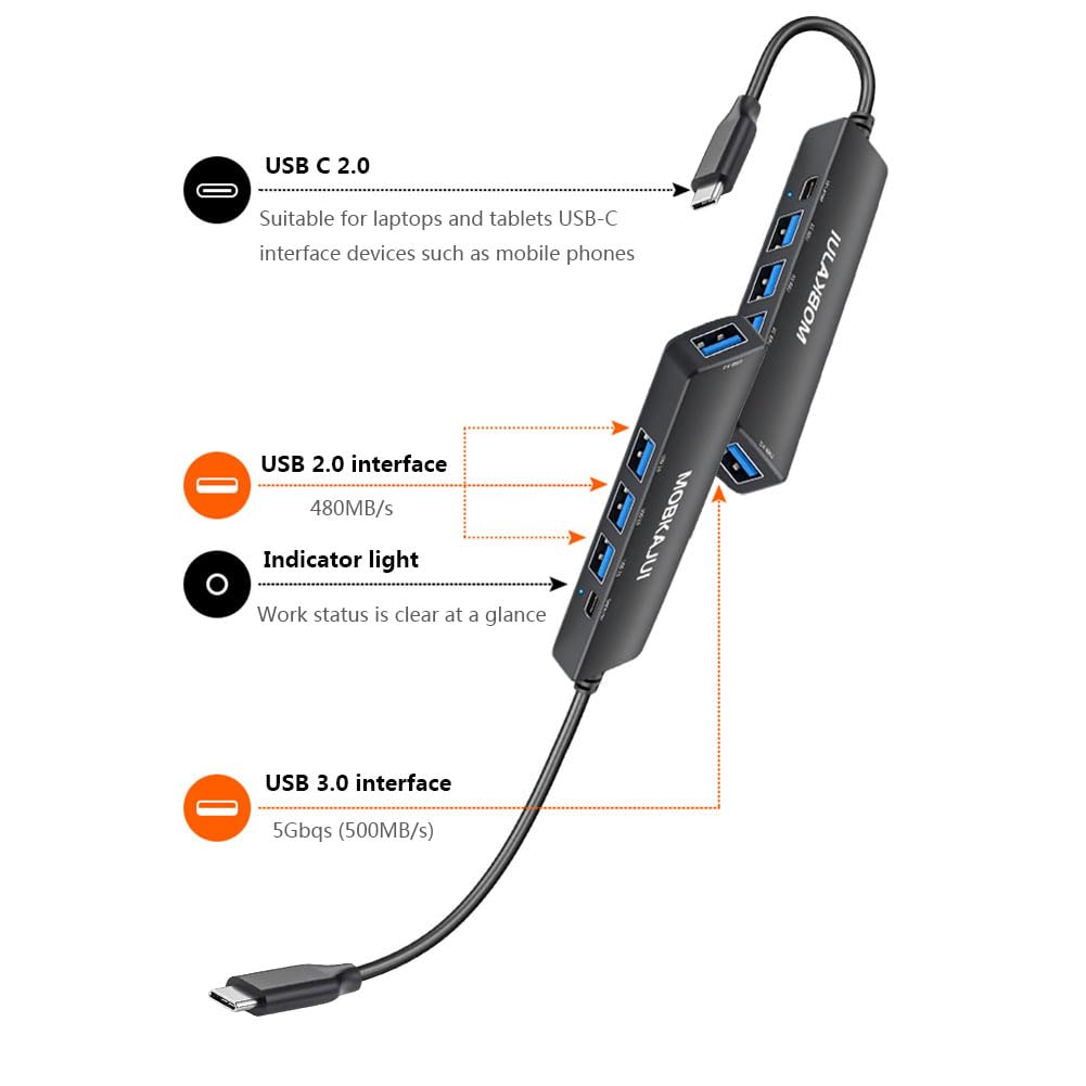 Usb C Hub 3.0 5 Port, Usb C Multiple Hub Data Splitter Extender With Usb C Power/Data Port, With Indicator Lights, For Laptop, P