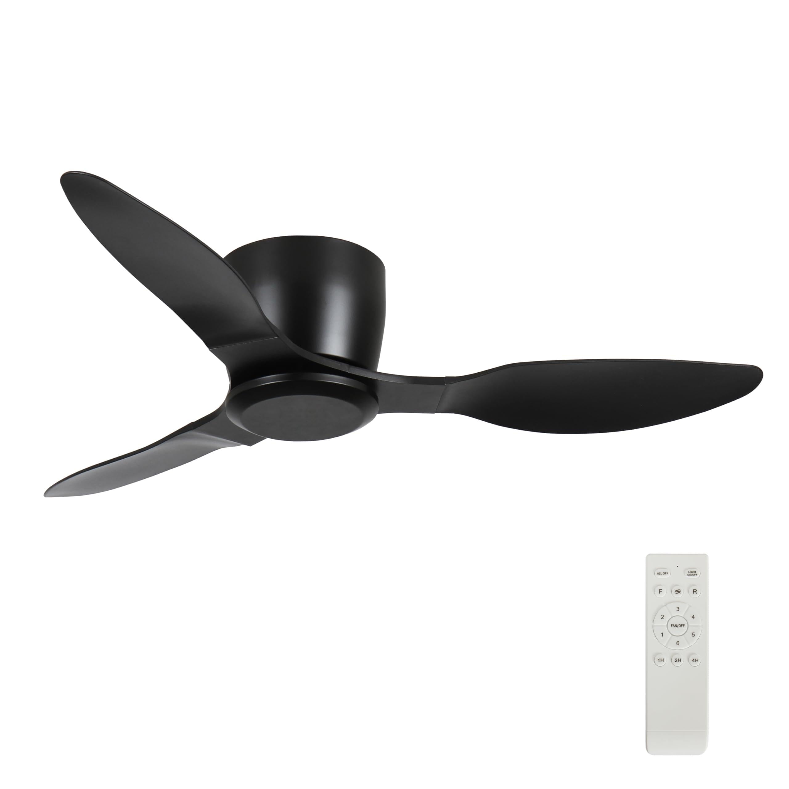 Wanze of ocean 42 Inch Ceiling Fan No Light, Flush Mount Black Ceiling Fan with Remote, 6 Wind Speeds, Reversible DC Motor, Low 