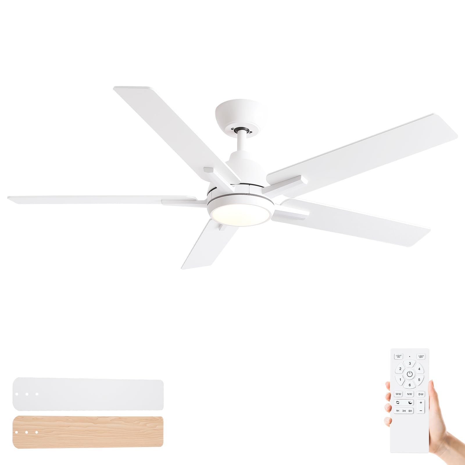 52 Inch Ceiling Fans With Lights And Remote,White Ceiling Fan With 5 Dual Sided Blades,Downrod,Quiet 6 Speed Reversible Dc Motor