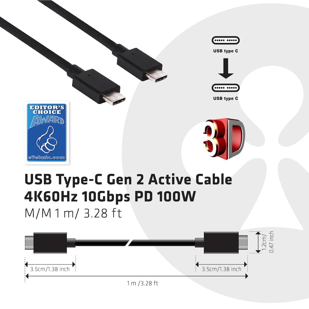 Club 3D Cac 1522 Usb 3.1 Usb Type C Gen 2 Active Cable 4K60Hz 10Gbps Pd 100W M/M 1 M/ 3.28 Ft