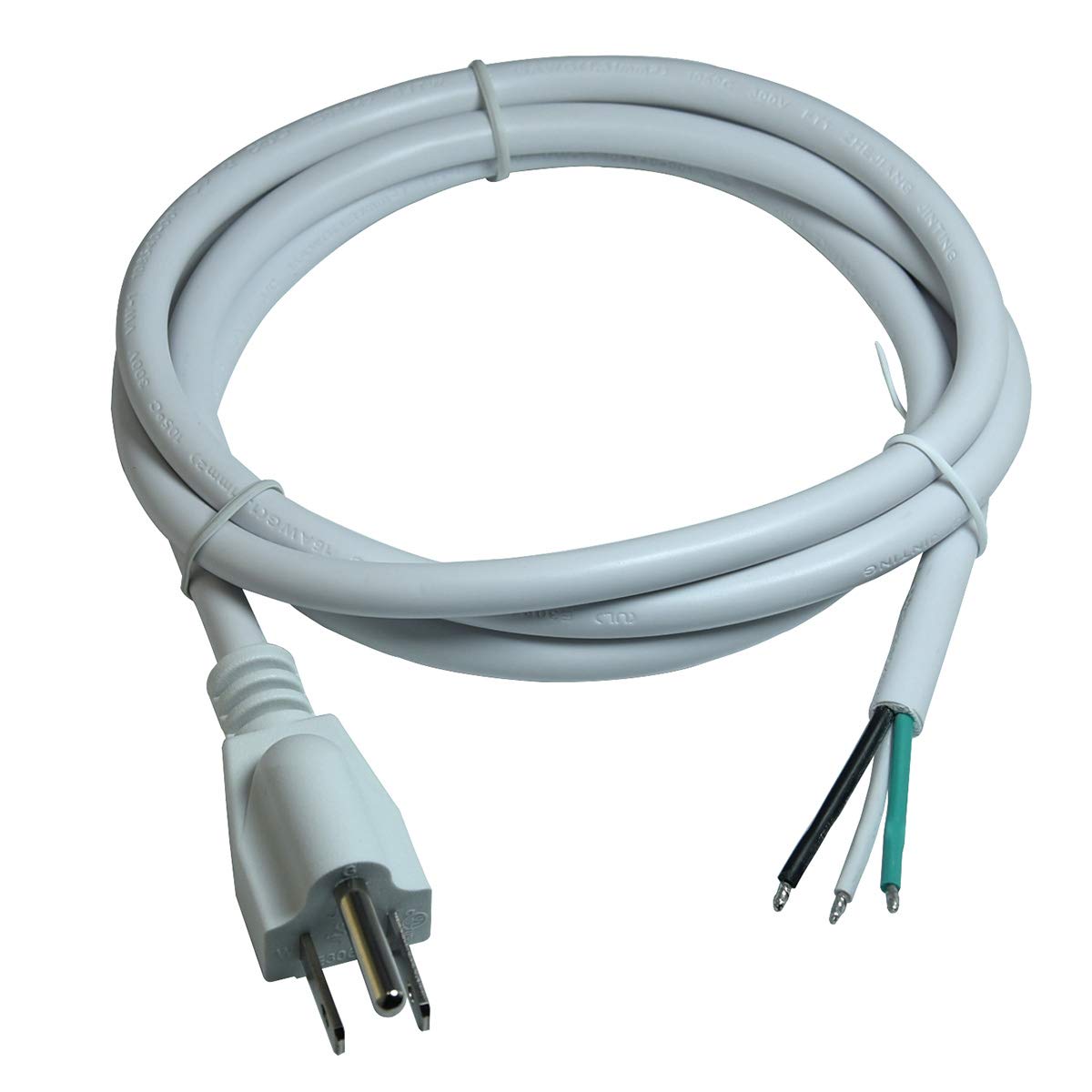 16/3 Awg 3 Prong Ac Replacement Power Cord, Open End 10A 5Ft Ul Listed White Color