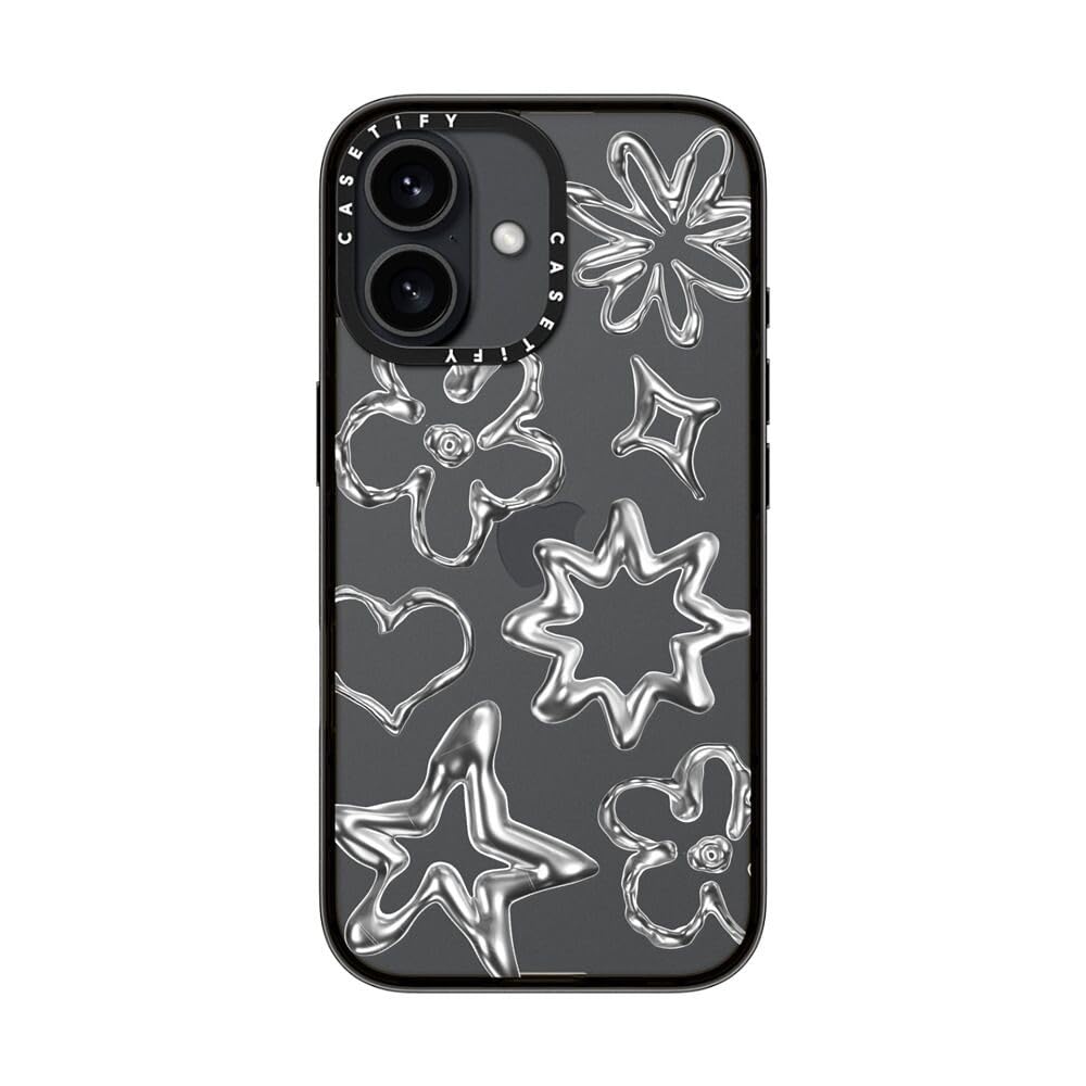 Casetify Compact Case For Iphone 16 [Lightweight / 4 Ft. 2X Military Grade Drop Protection/Slim]   Chrome Doodles   Clear Black