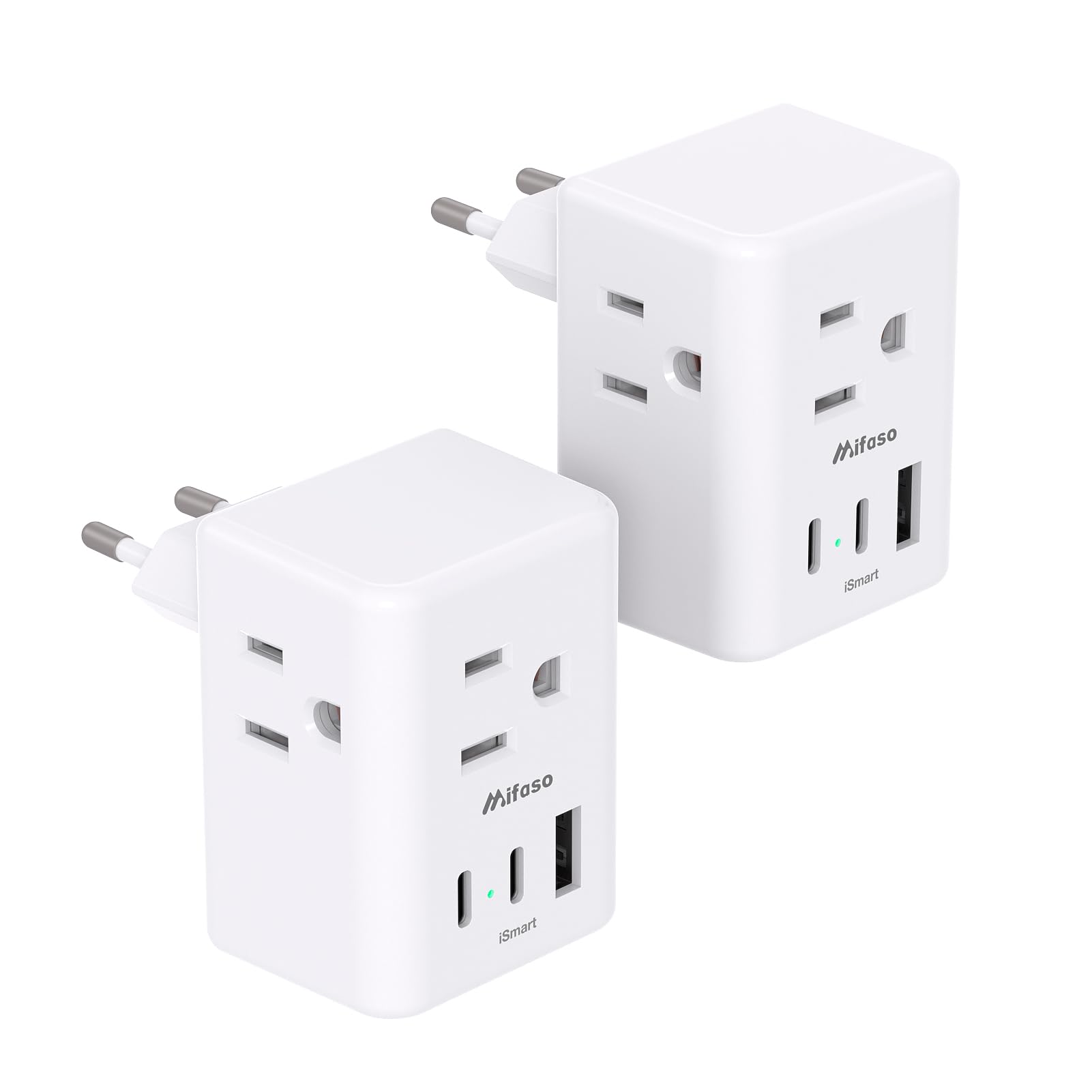 2 Pack European Travel Plug Adapter, International Power Plug Adapter With 3 Outlets 3 Usb Charging Ports(2 Usb C), Type C Plug