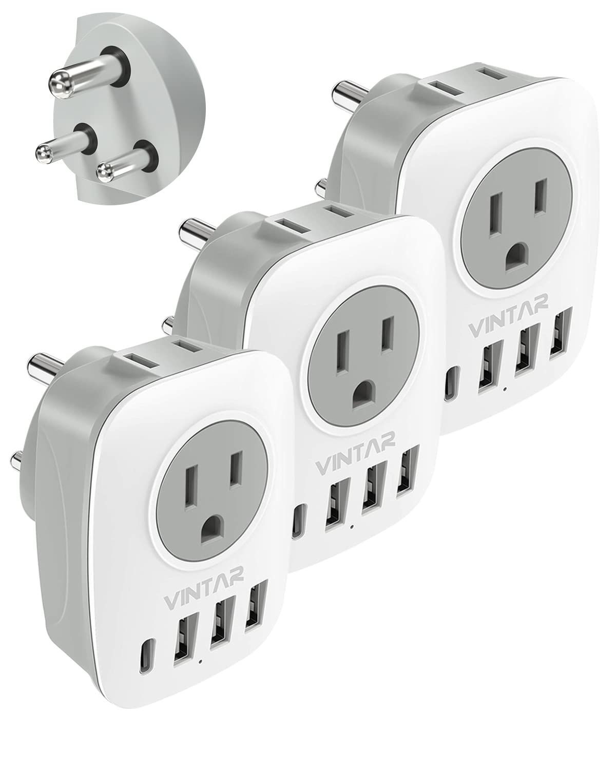 [3 Pack] Us To India Plug Adapter, Vintar Type D Travel Adapter With 1 Usb C, 3 Usb Ports And 2 American Outlets, 6 In 1 India P