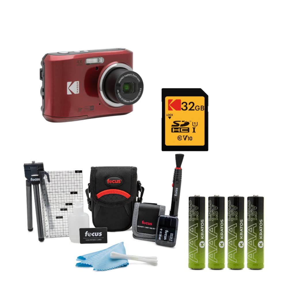 Kodak PIXPRO FZ43 Friendly Zoom Digital Camera (Red) Bundle with 32GB SD Card, Camera Accessory Kit, and AAA Batteries (4Pack) 