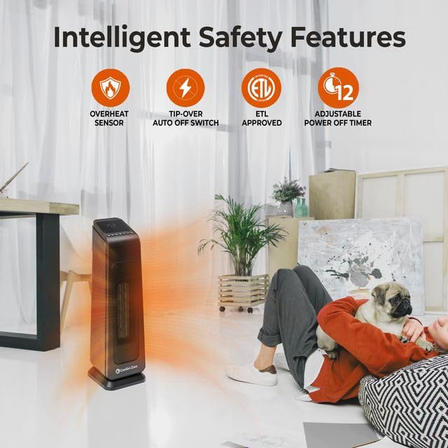 Comfort Zone Space Heaters For Indoor Use, 23 Inch, Remote Control, Thermostat,12H Timer, 4 Modes, 50 Degree Oscillation, Portab