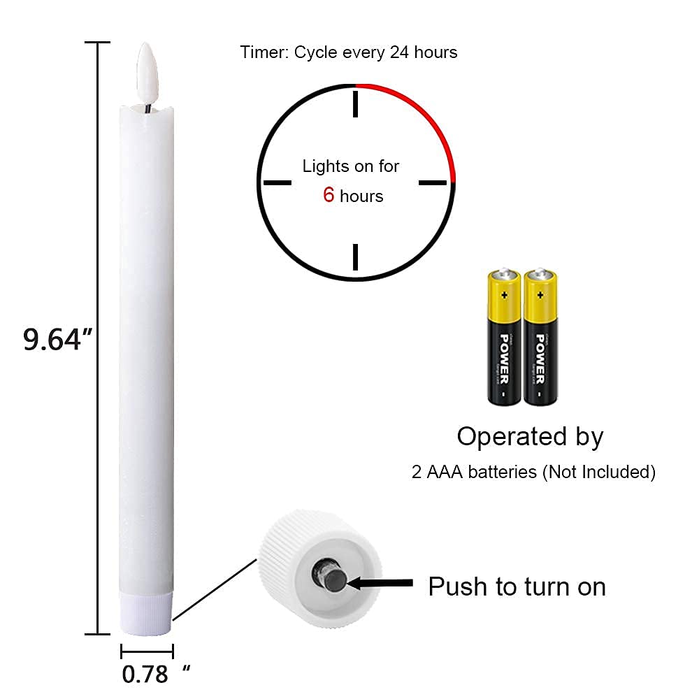 Wondise White Flameless Taper Candles With Timer, 6 Pack Battery Operated Led Flickering Real Wax Candle For Christmas Thanksgiv