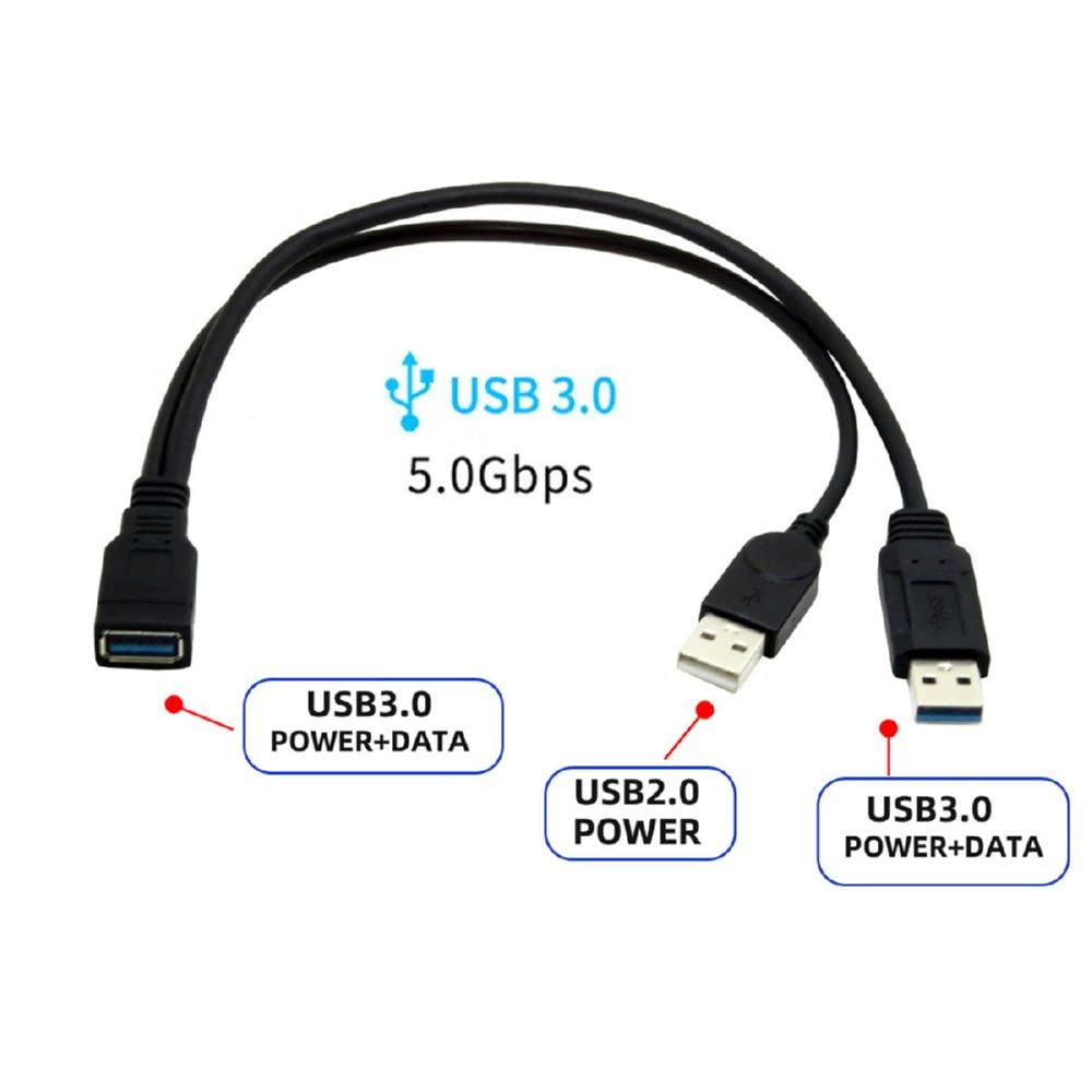 Cablecc Black Usb 3.0 Female To Dual Usb Male Extra Power Data Y Extension Cable For 2.5'' Mobile Hard Disk