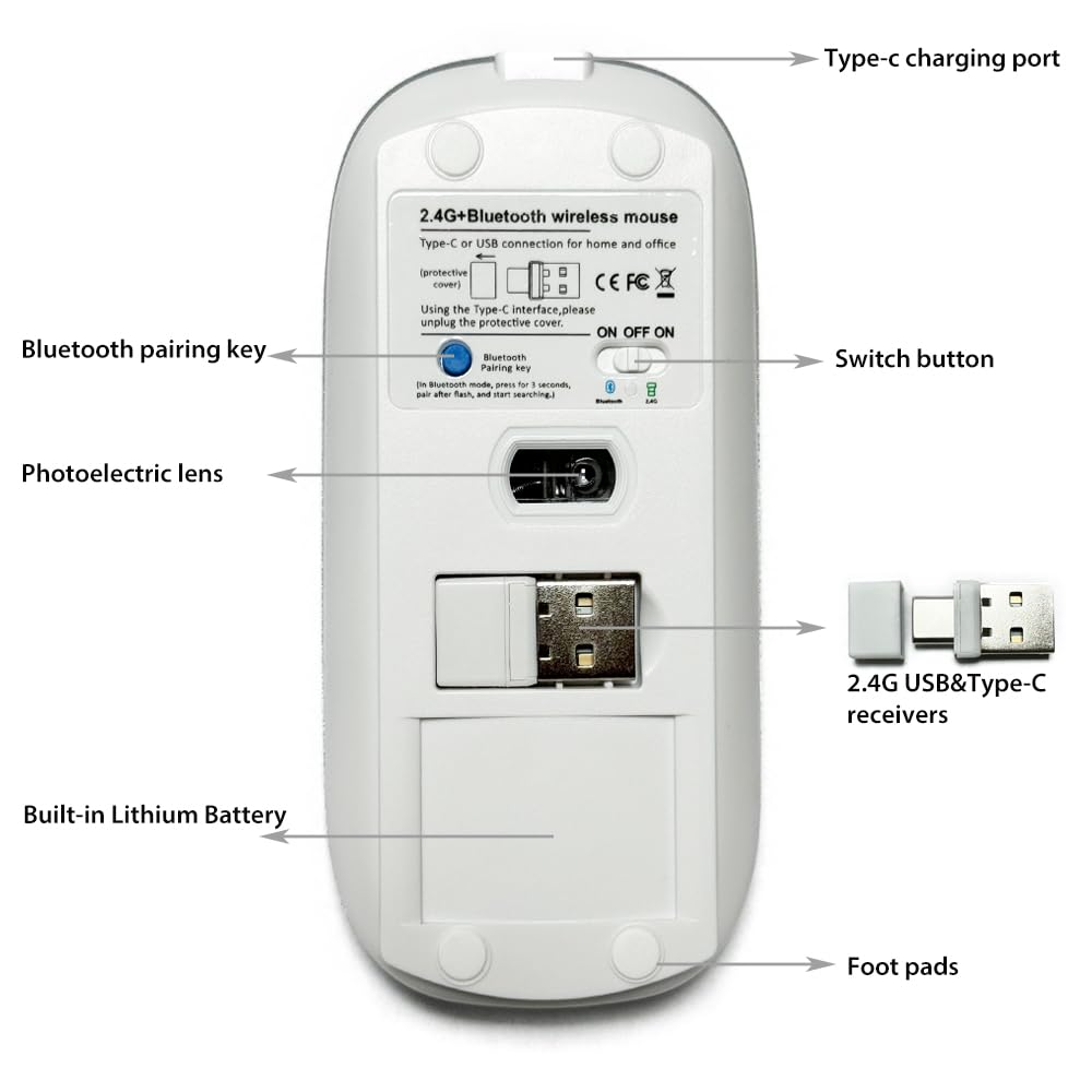 KLO 4 Modes Rechargeable Wireless Bluetooth Mouse BT3.0/5.2+USB-2.4G/Type-C Rubber Silver