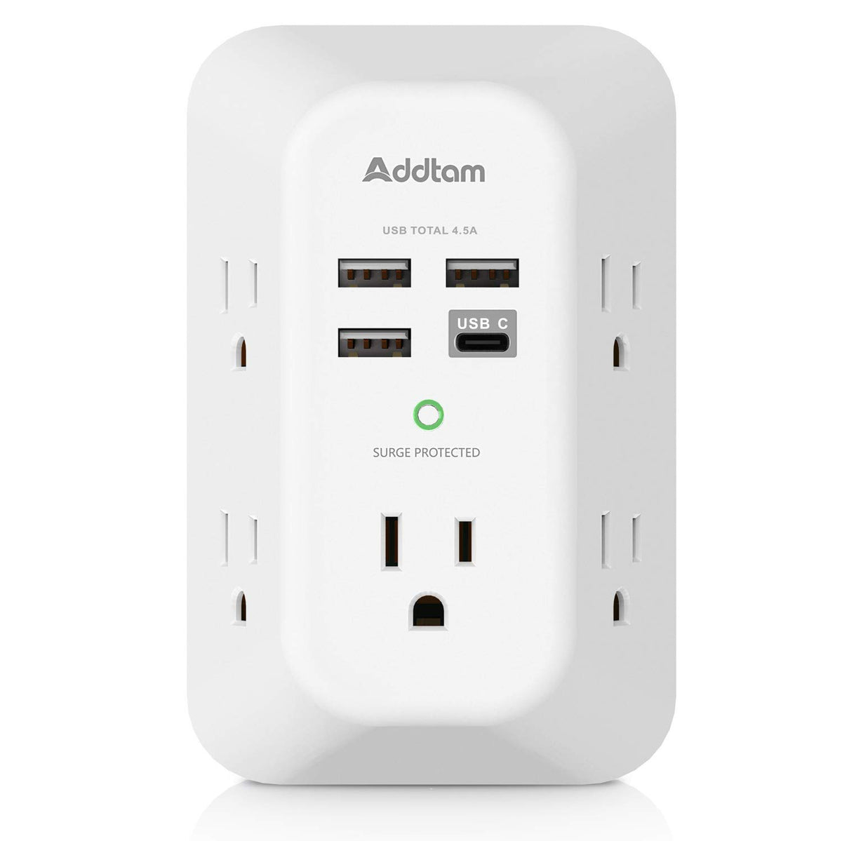 Usb Wall Charger Surge Protector 5 Outlet Extender With 4 Usb Charging Ports ( 1 Usb C Outlet) 3 Sided 1800J Power Strip Multi P