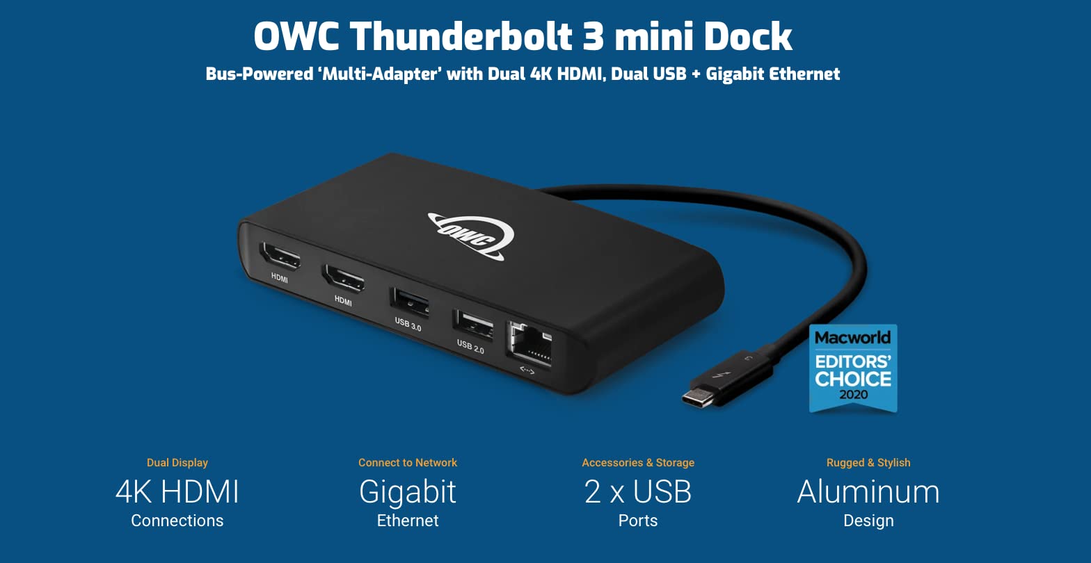 Owc Thunderbolt Mini Dock, Bus-Powered 5-Port Multi-Adapter With Dual 4K Hdmi, Dual Usb, Gigabit Ethernet, Integrated 7.2-Inch T