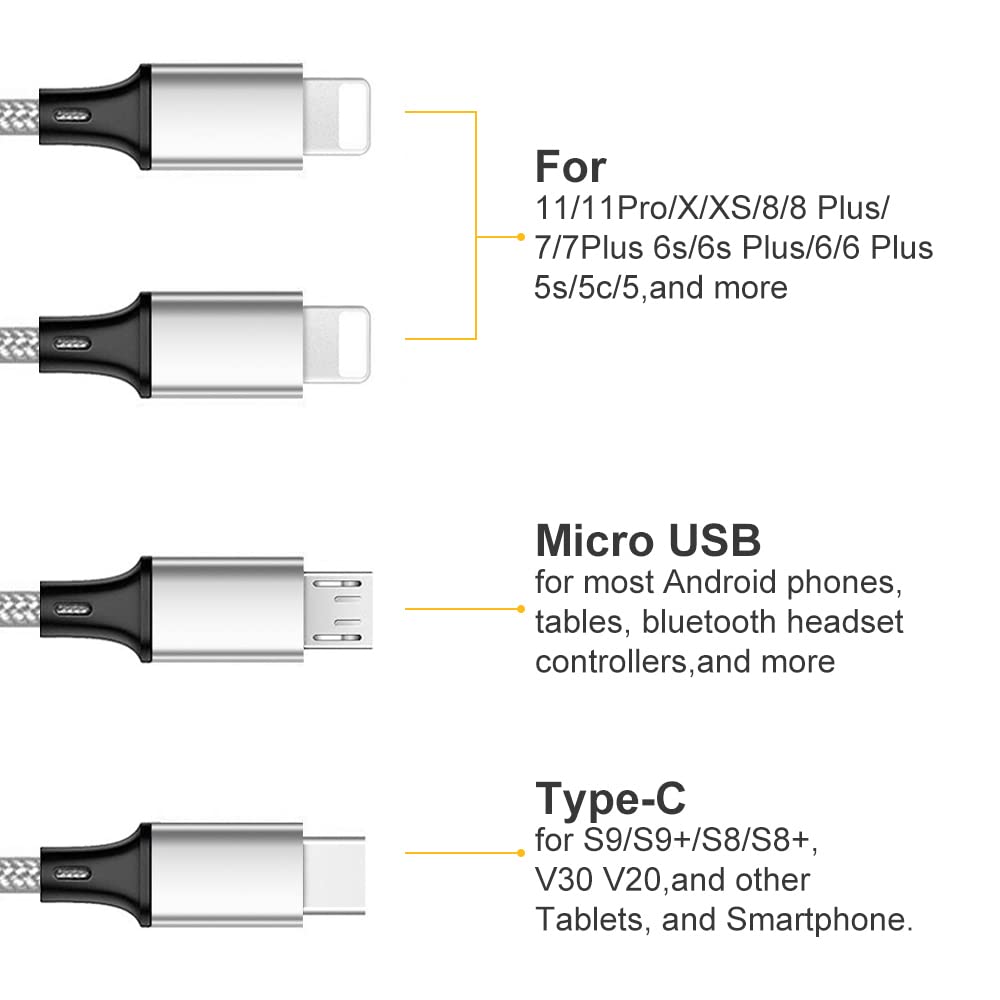 Puxnoin Multi Charging Cable, Multi Usb Cable 2Pack 4Ft Universal 4 In 1 Multiple Usb Cable Fast Charging Cord With Type C, Micr