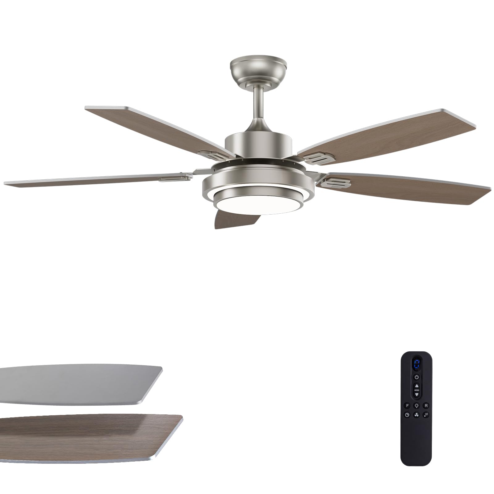52 Inch Nickel Ceiling Fans with Lights and Remote Control for Bedroom, Modern Ceiling Fan with Quiet Reversible DC Motor, 3CCT,