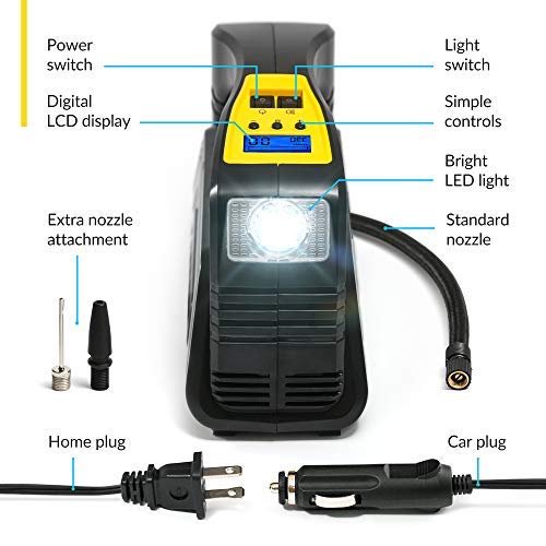 Kensun AC/DC Digital Tire Inflator - Portable Air Compressor Pump, Compact Size, Black, Model Kensun-EHRComp-A58A