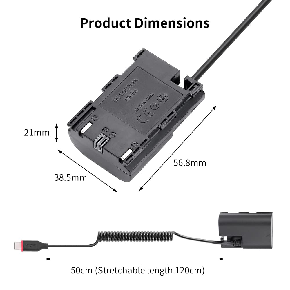 King Ma LP-E6 Dummy Battery with Type-C Adapter for Canon EOS 5D4, 80D, 6D, 7D - Battery Replacement Solution