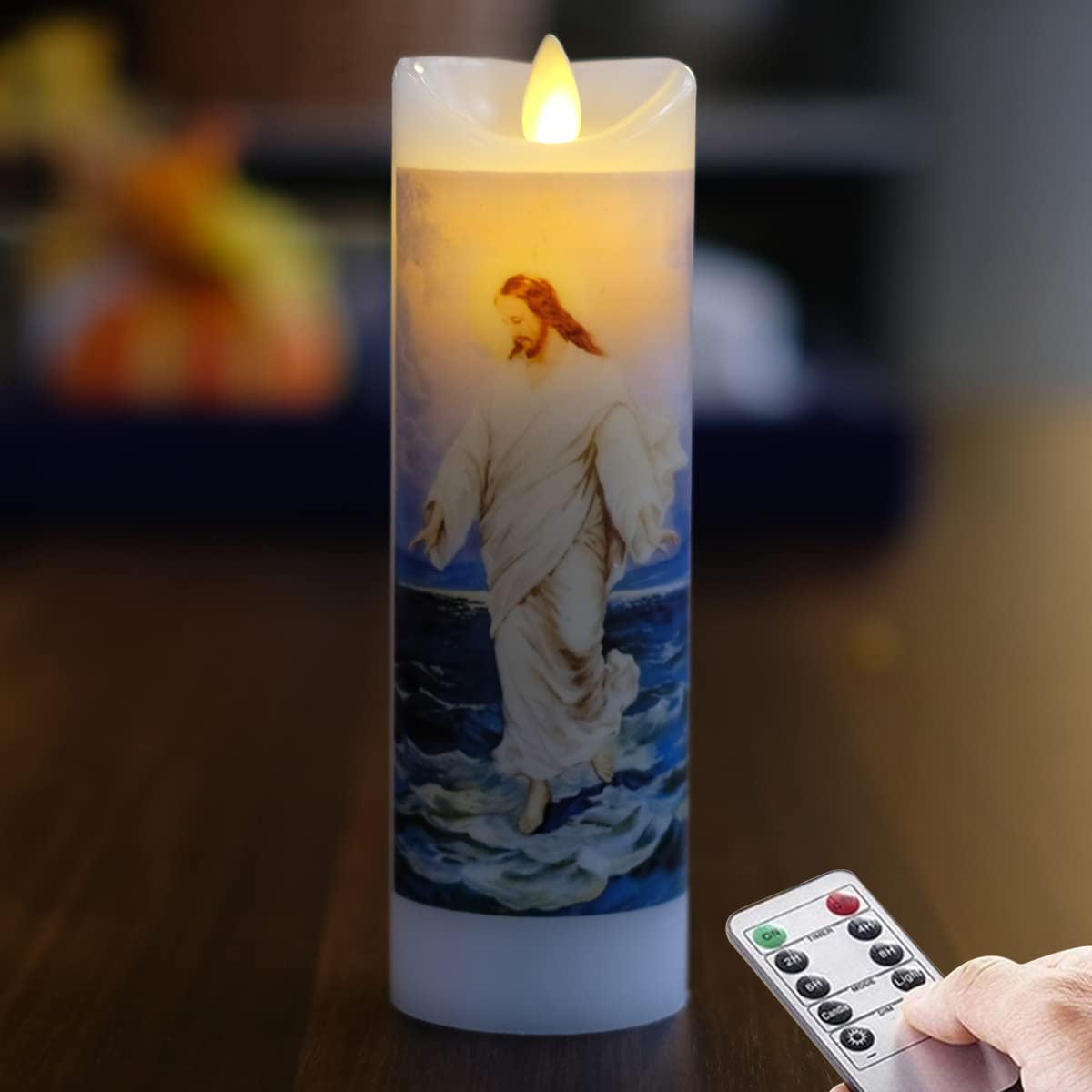 Nonno & Zgf Moving Wick Jesus Flameless Prayer Candle, Real Wax, God Devotion Bright Flickering Candles With Remote Timer Functi