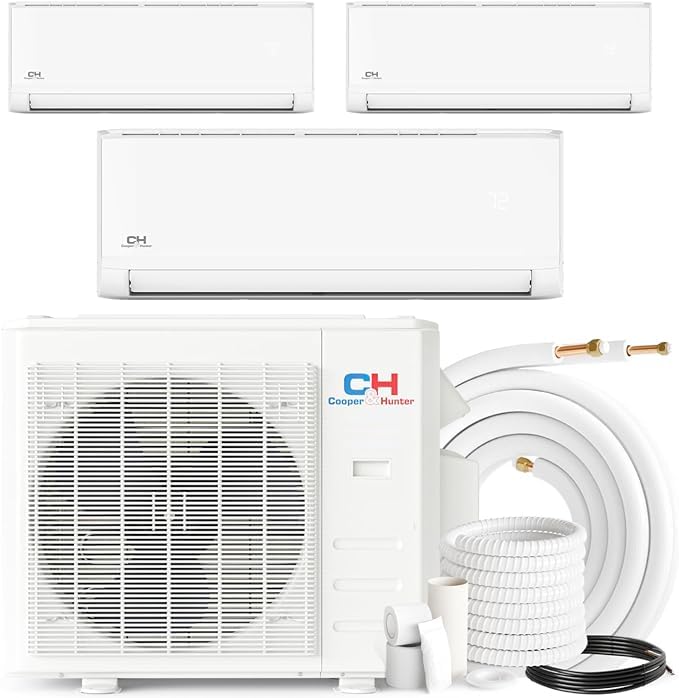 Cooper & Hunter Tri 3 Zone 12000 12000 12000 BTU 23.9 SEER2 Multi Zone Ductless Mini Split Air Conditioner and Heater Full Set w