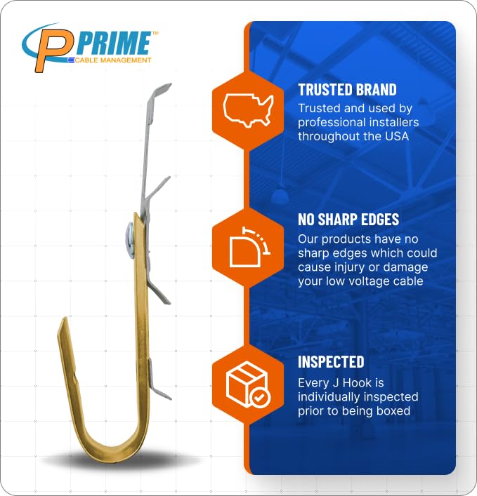 Prime Cable Management 3/4 Heavy Duty Metal Cable & Wire Support Batwing J Hook Hangers With Bat Wing Clip For Attaching Ceiling