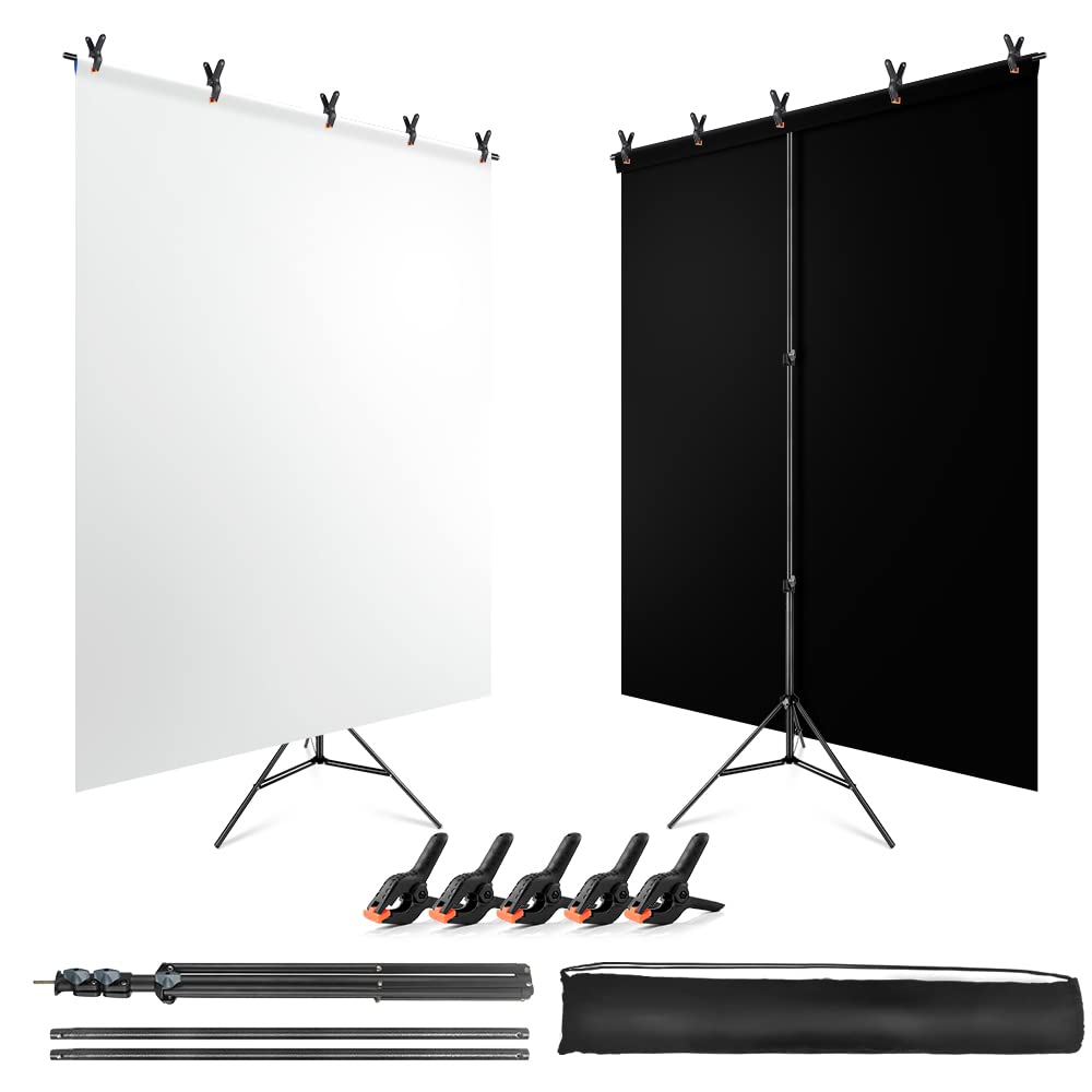 Jebutu 5X6.5Ft Black White Backdrop With Stand Kit For Photo Shoot, Black White Photo Backdrop Background With Portable T Shape