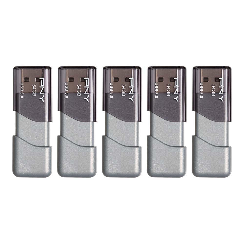 PNY 64GB Turbo Attach 3 USB 3.0 Flash Drive 5Pack, Silver